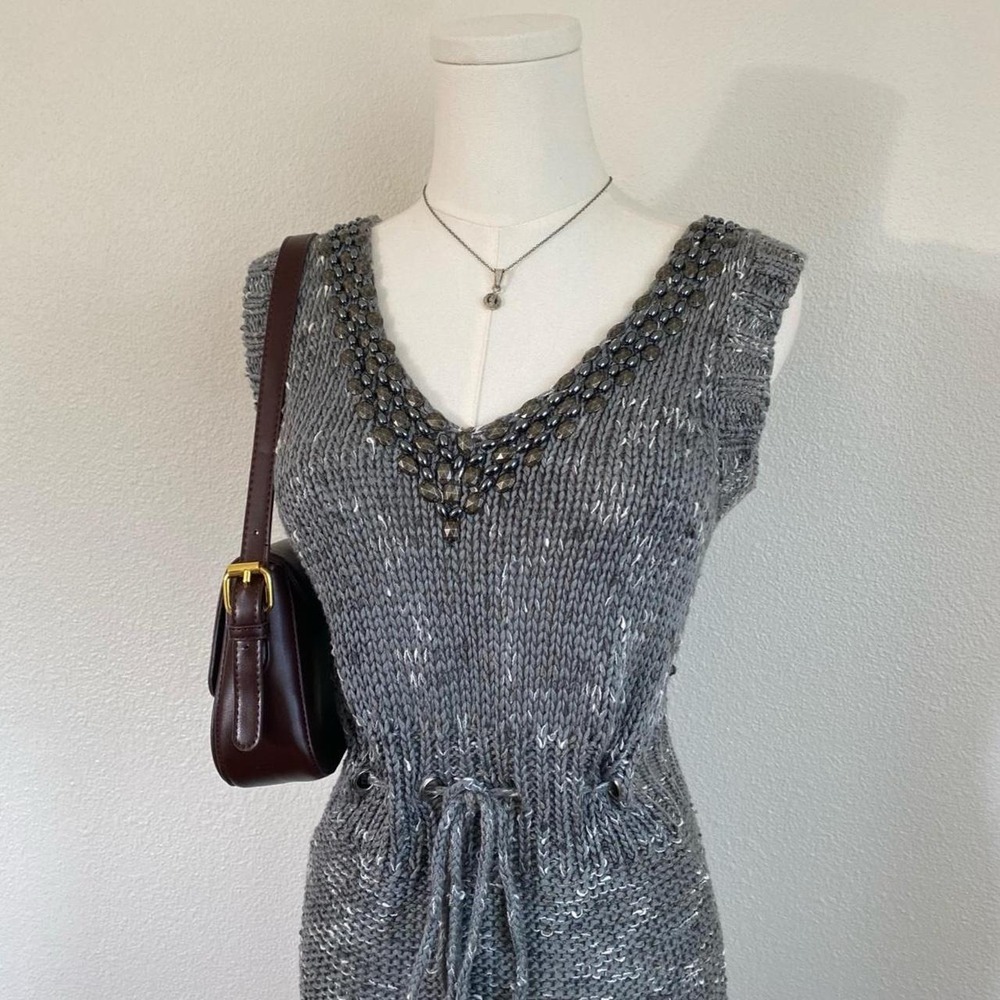 Vintage Vertigo Paris Sleeveless Knit Beaded Drawstring Empire Waist Midi Dress